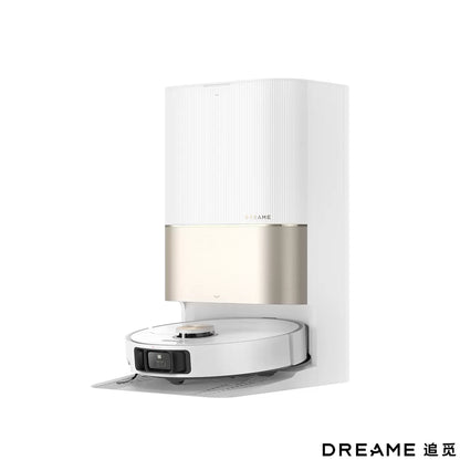 Front angle view of the sleek black Dreame X40 Ultra Complete robot vacuum parked inside its tall self-cleaning dock on a polished hardwood floor.