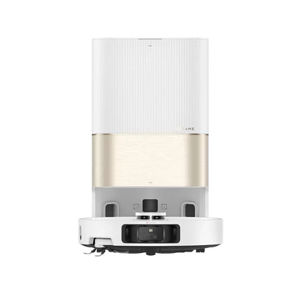 Front angle view of the sleek black Dreame X40 Ultra Complete robot vacuum parked inside its tall self-cleaning dock on a polished hardwood floor.