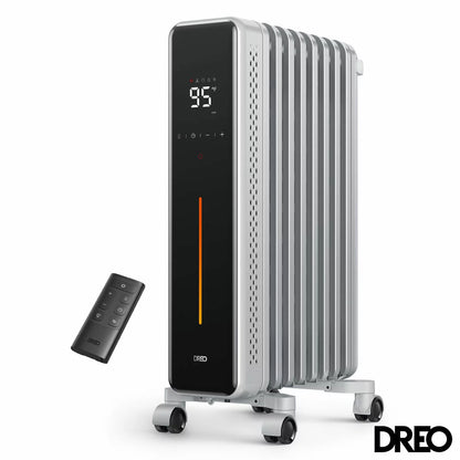 Side angle view of the black Dreo OH621 oil-filled radiator on a light wood floor, showing the eight M-shaped fins, digital LED display panel, and smooth mobility casters.