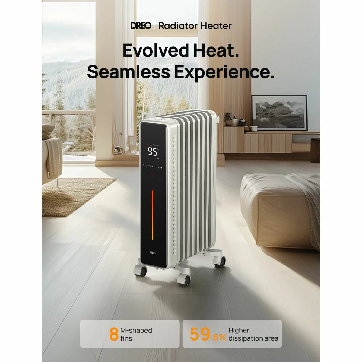 Side angle view of the black Dreo OH621 oil-filled radiator on a light wood floor, showing the eight M-shaped fins, digital LED display panel, and smooth mobility casters.