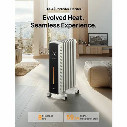 Side angle view of the black Dreo OH621 oil-filled radiator on a light wood floor, showing the eight M-shaped fins, digital LED display panel, and smooth mobility casters.