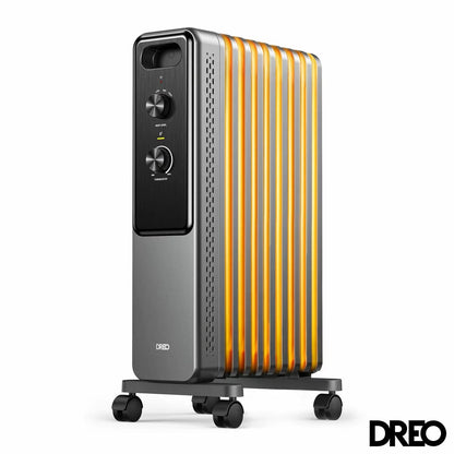 Black Dreo 2000W 9-fin oil filled radiator heater with dual analog control knobs standing on caster wheels.