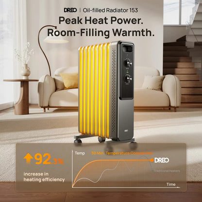 Black Dreo 2000W 9-fin oil filled radiator heater with dual analog control knobs standing on caster wheels.