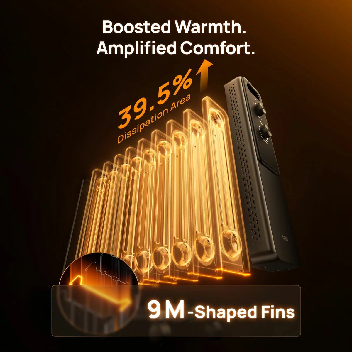 Black Dreo 2000W 9-fin oil filled radiator heater with dual analog control knobs standing on caster wheels.