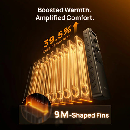 Black Dreo 2000W 9-fin oil filled radiator heater with dual analog control knobs standing on caster wheels.