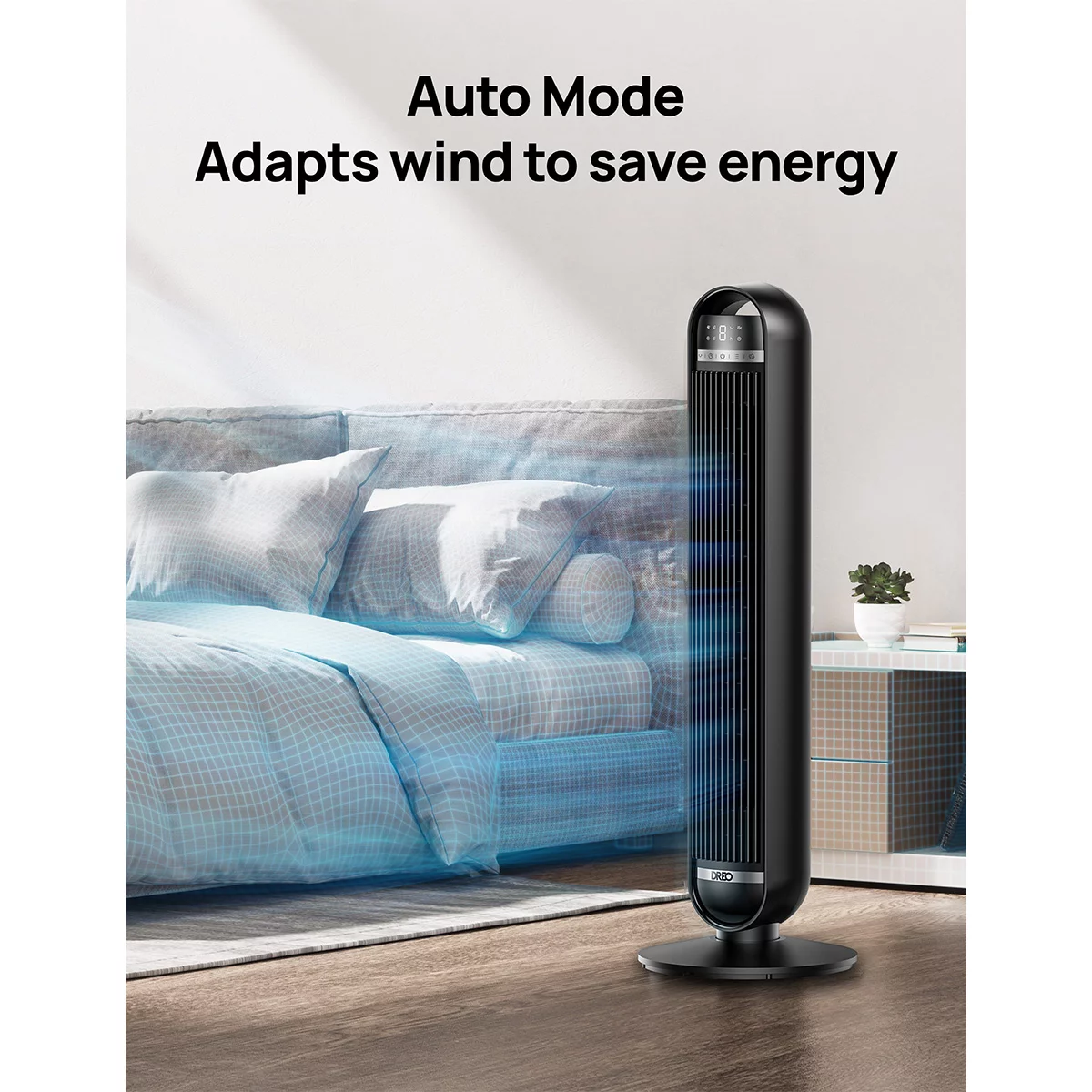 Matte black Dreo Nomad One tower fan DR-HTF014 standing in a contemporary living room showing its top control panel and slim vertical grille.