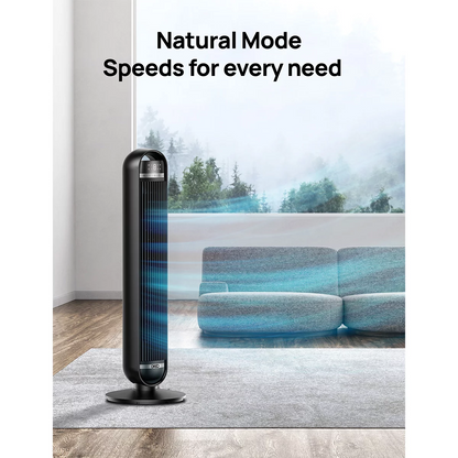 Matte black Dreo Nomad One tower fan DR-HTF014 standing in a contemporary living room showing its top control panel and slim vertical grille.