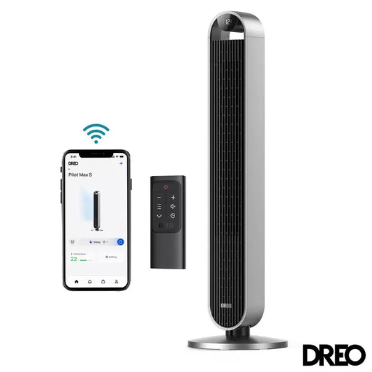 Dreo DR-HTF004S Pilot Max tower fan in a sleek silver finish, shown in a modern home office setting.