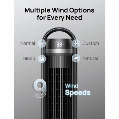 Black Dreo DR-HTF011S Smart Cruiser 42-inch tower fan standing upright in a modern living room setting near a grey couch, displaying its sleek digital screen.