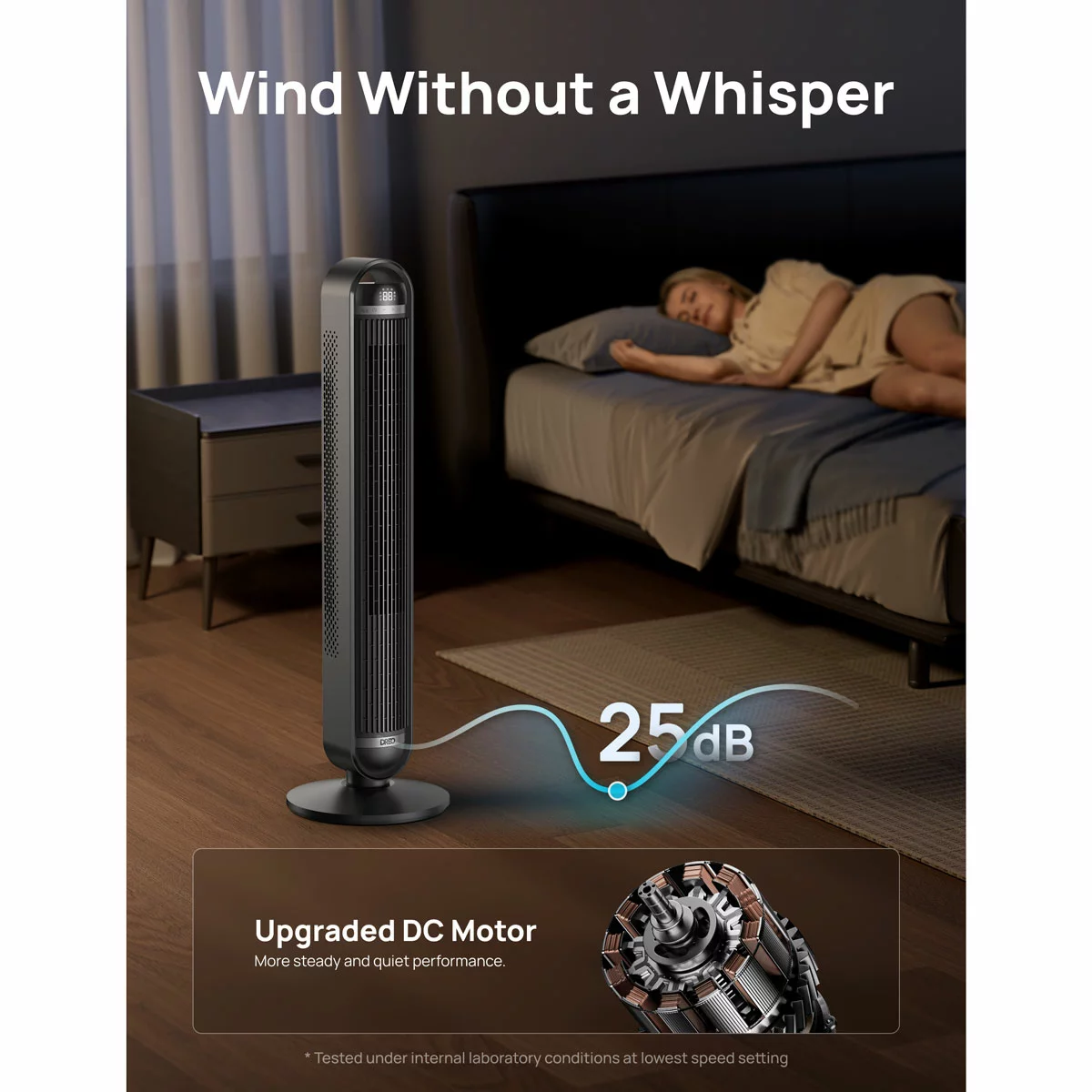 Black Dreo DR-HTF011S Smart Cruiser 42-inch tower fan standing upright in a modern living room setting near a grey couch, displaying its sleek digital screen.