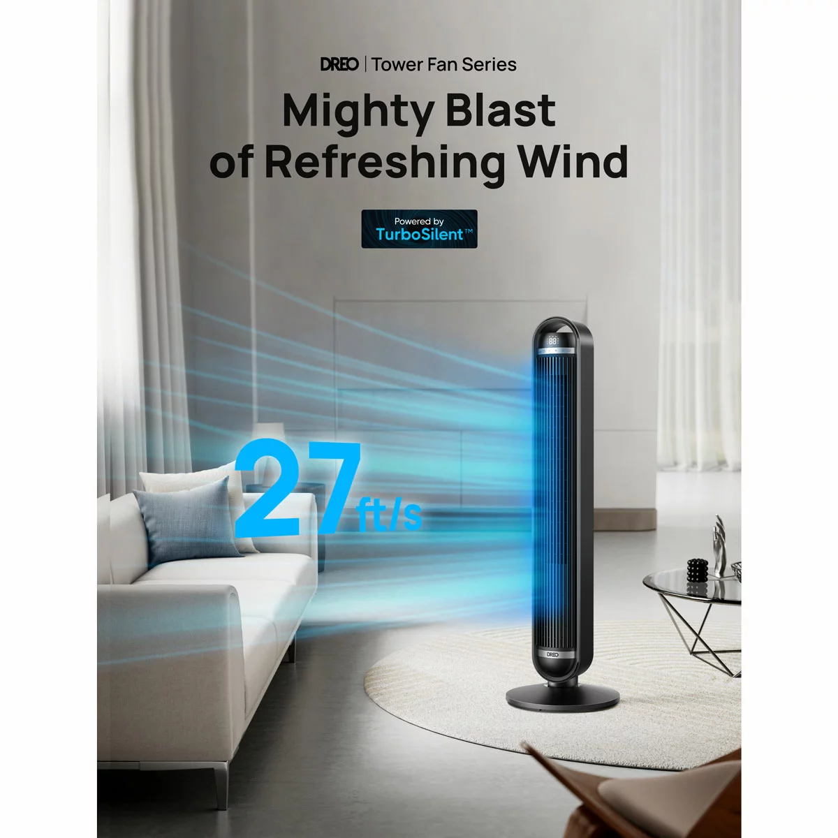 Black Dreo DR-HTF011S Smart Cruiser 42-inch tower fan standing upright in a modern living room setting near a grey couch, displaying its sleek digital screen.