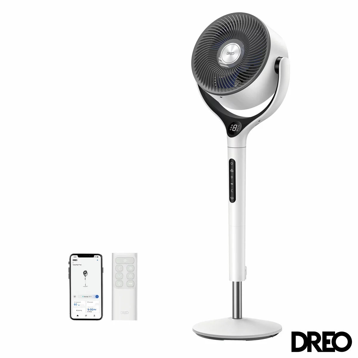 Dreo DR-HPF025S Smart TurboPoly pedestal fan in a clean white finish, positioned in a spacious living room.