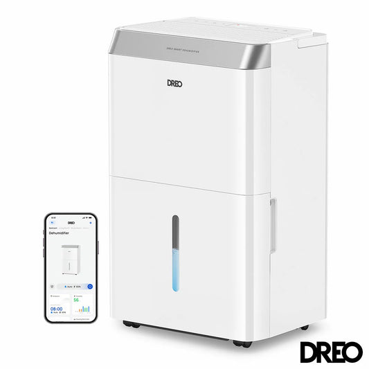 Sleek white Dreo Smart 16L dehumidifier displaying a digital top control interface while standing upright on integrated wheels against a clean living room wall.