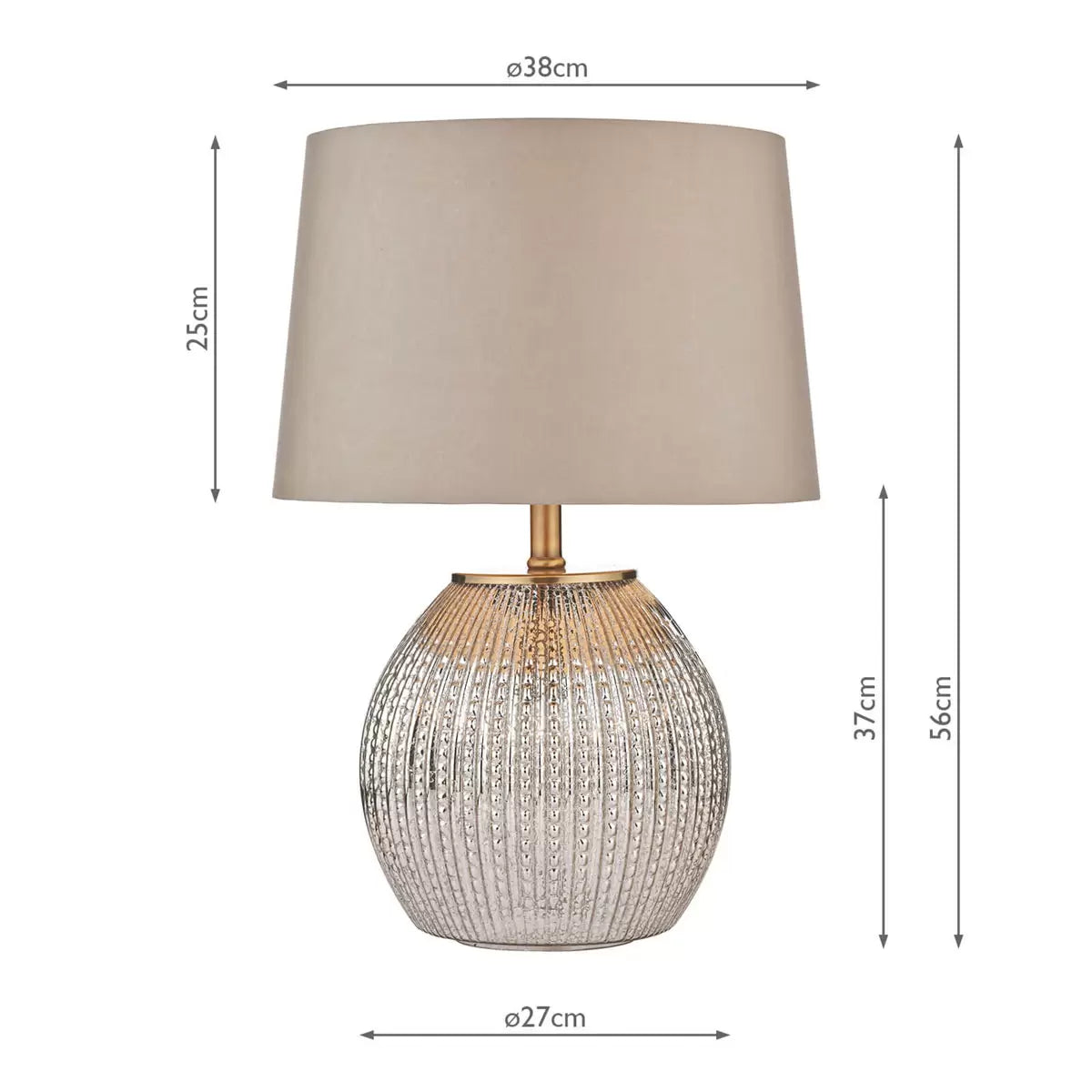 Sonia dual light table lamp featuring a glowing antique silver glass base and a warm taupe tapered fabric shade placed on a dark wood living room side table.