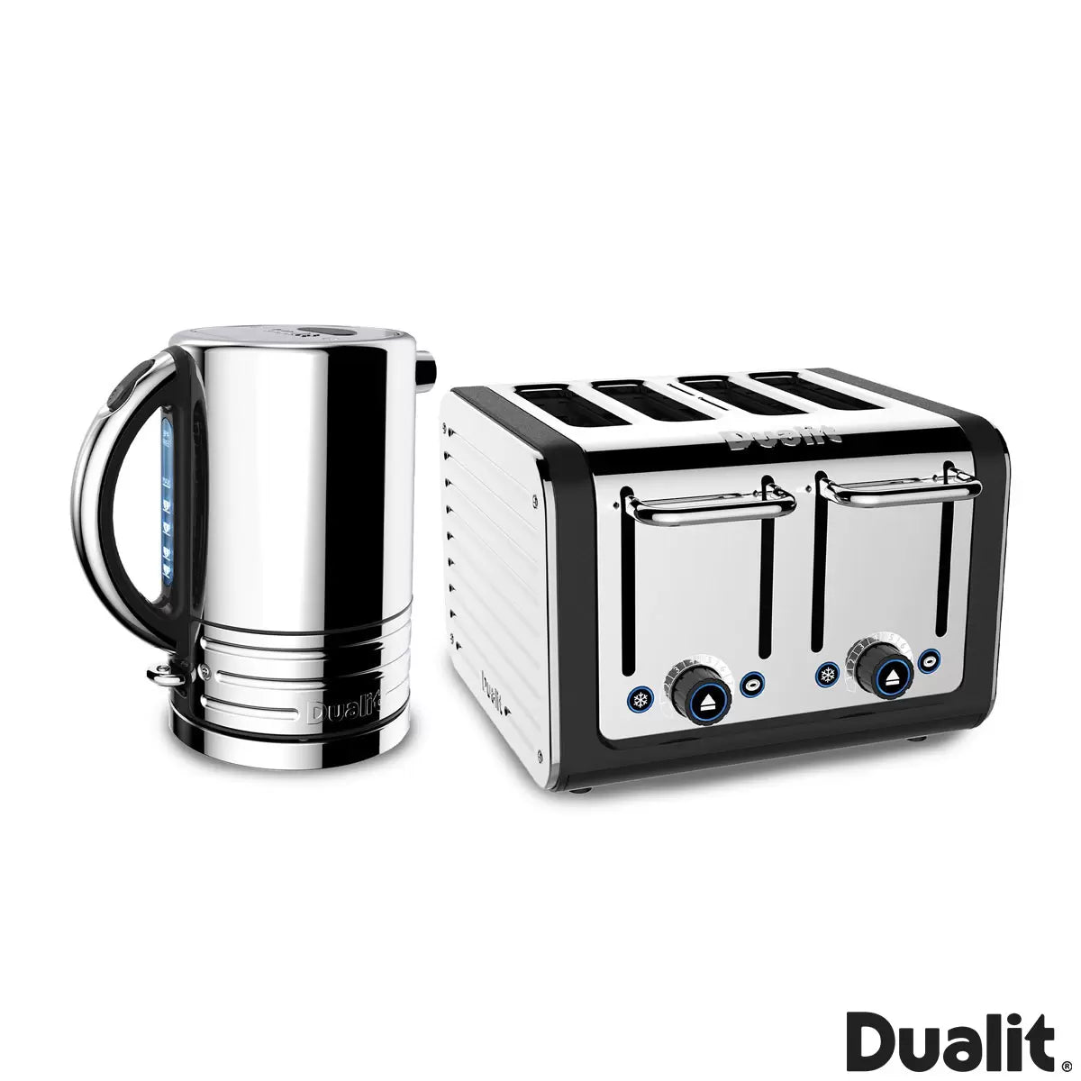 Front view of the Matt Black Dualit Architect kettle and four-slice toaster set arranged on a contemporary kitchen granite countertop.