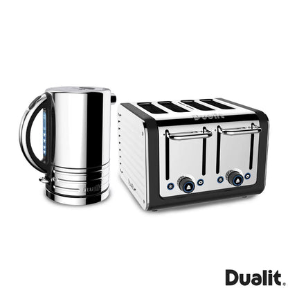 Front view of the Matt Black Dualit Architect kettle and four-slice toaster set arranged on a contemporary kitchen granite countertop.