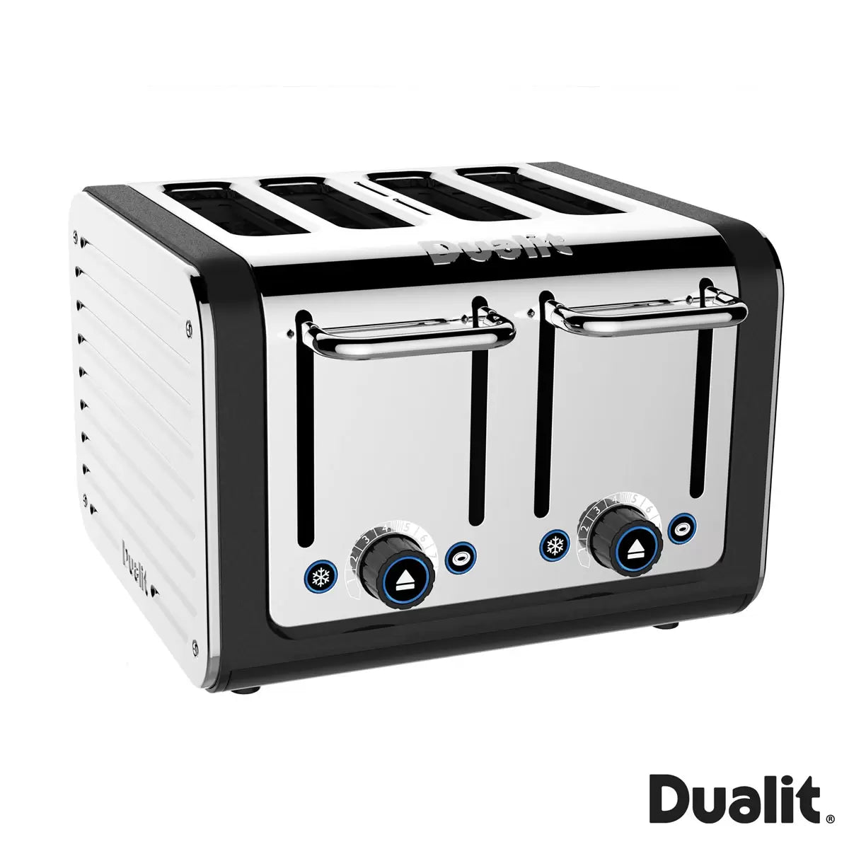 Front view of the Matt Black Dualit Architect kettle and four-slice toaster set arranged on a contemporary kitchen granite countertop.