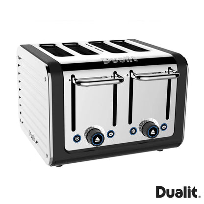 Front view of the Matt Black Dualit Architect kettle and four-slice toaster set arranged on a contemporary kitchen granite countertop.