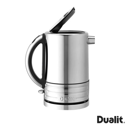 Front view of the Matt Black Dualit Architect kettle and four-slice toaster set arranged on a contemporary kitchen granite countertop.
