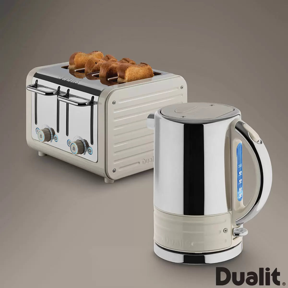 Dualit Architect Kettle and Toaster Set in Oyster White featuring modern matching kitchen appliances with fast-boil kettle and variable browning toaster.