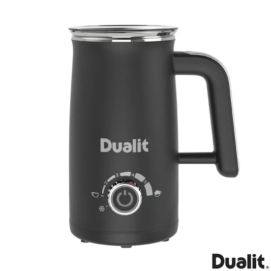 Dualit Milk Frother & Hot Chocolate Maker Max with Belgian chocolate sachets making creamy café-style hot drinks.