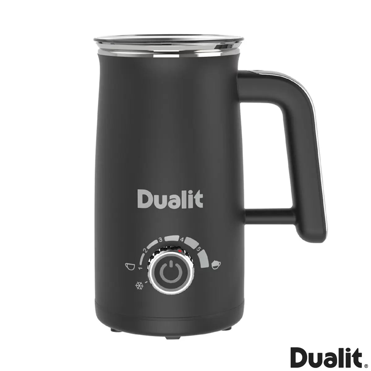 Dualit Milk Frother Max in black and stainless steel sitting on a wooden kitchen counter next to a mug of hot chocolate with chocolate sachets alongside.