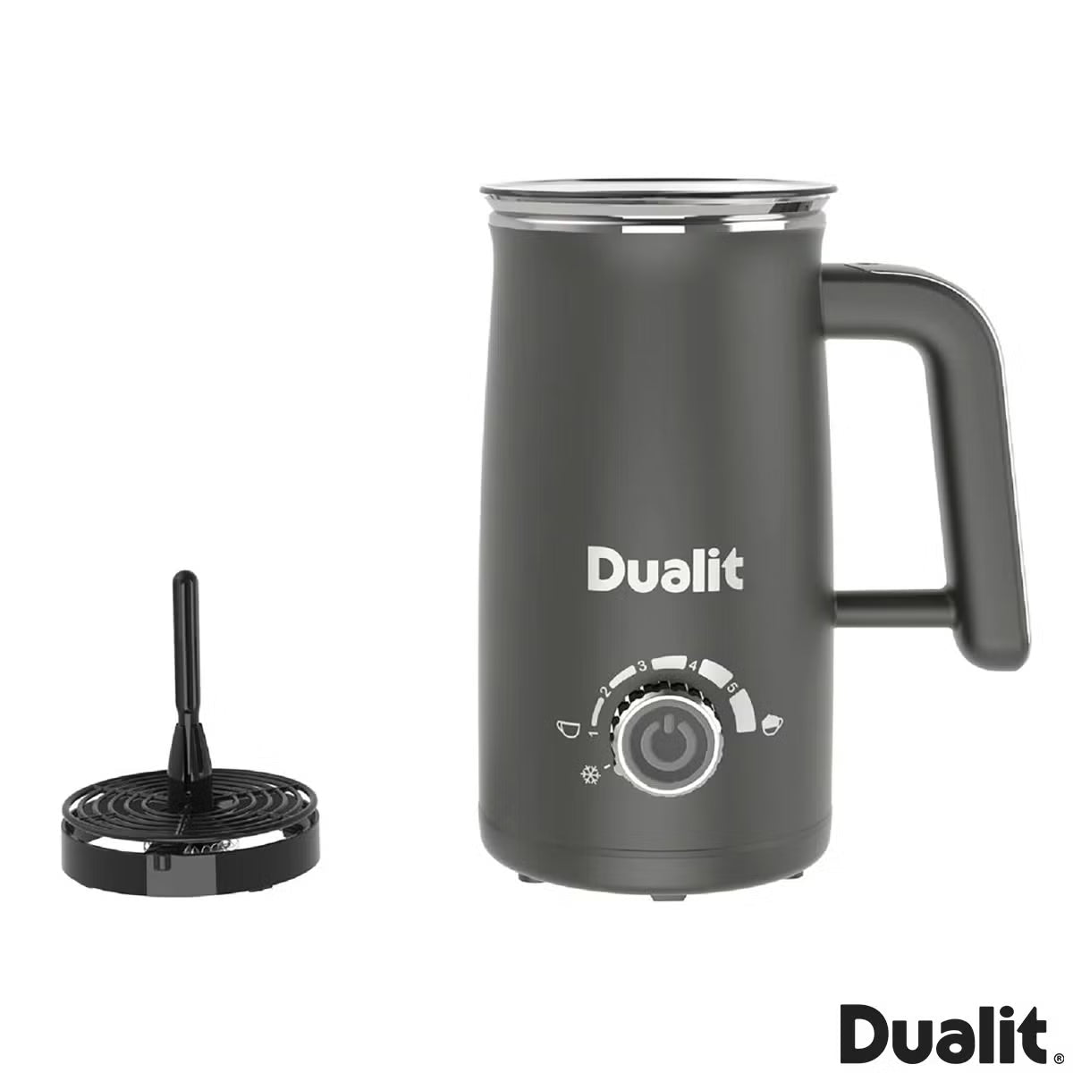 Front view of the grey Dualit Milk Frother Max displaying the froth adjustment dial, non-drip spout, and cool-touch body on a modern kitchen countertop.