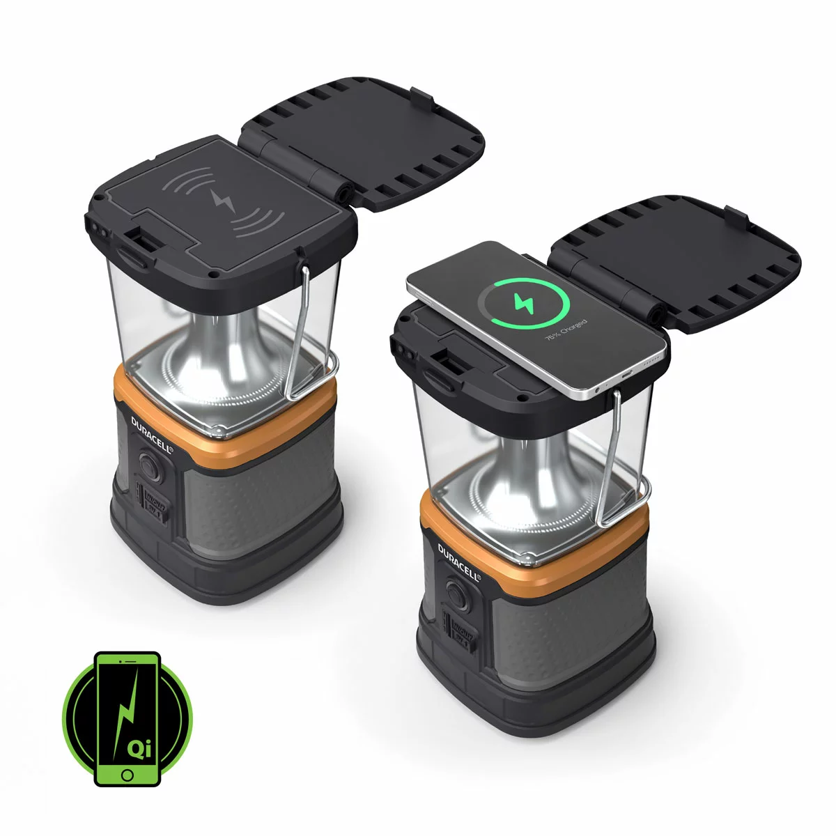 Rugged black Duracell 3000 lumen outdoor lantern sitting on a dark wooden picnic table with its top solar panel and wireless charging port illuminated.