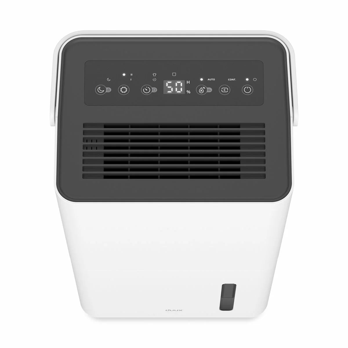 Front view of the white Duux Bora 12L dehumidifier standing on a modern wooden floor next to a laundry airer, highlighting its sleek digital display panel.
