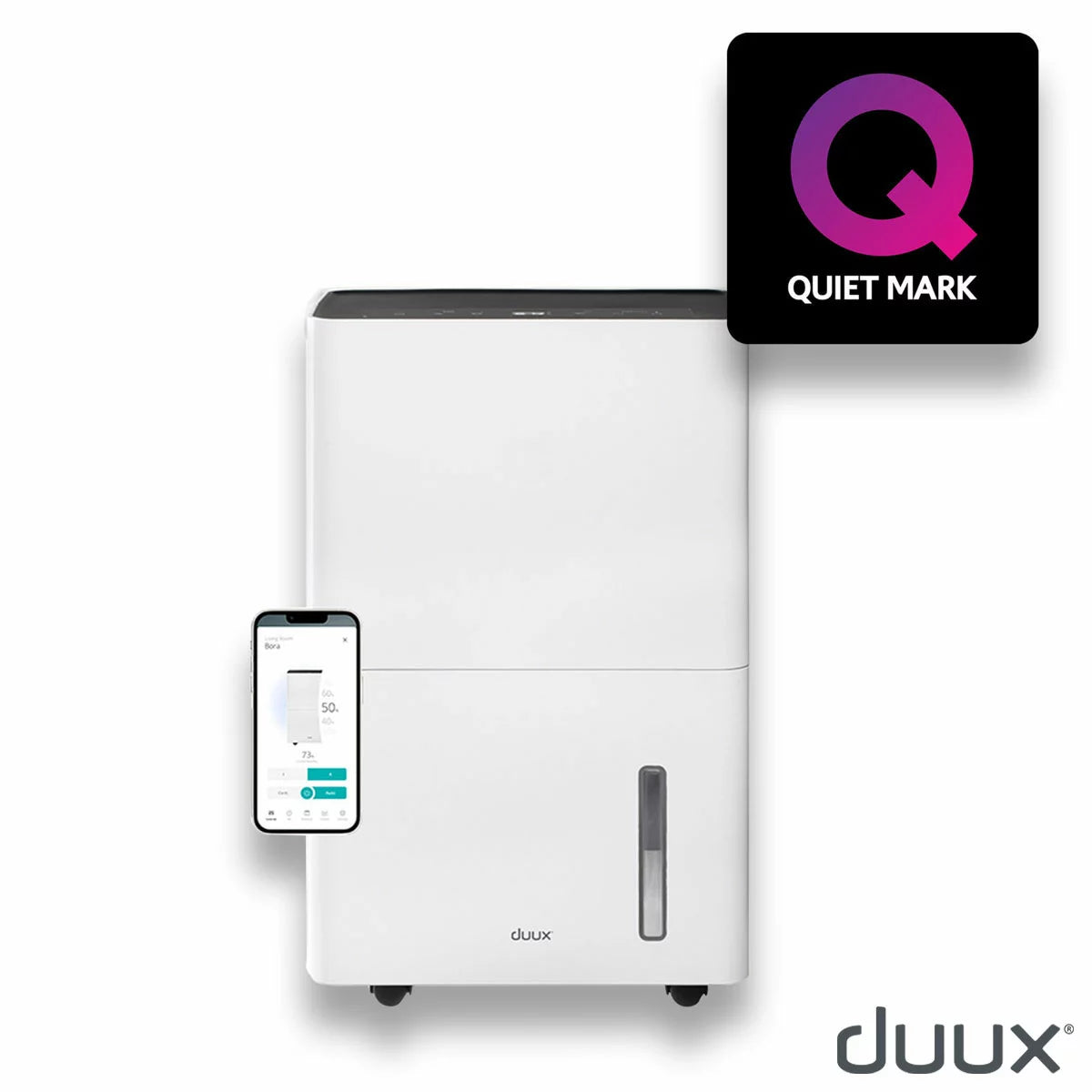 A white upright Duux Bora Smart 30L Dehumidifier showing its sleek integrated caster wheels and ambient casing display within a modern, sunlit laundry room.