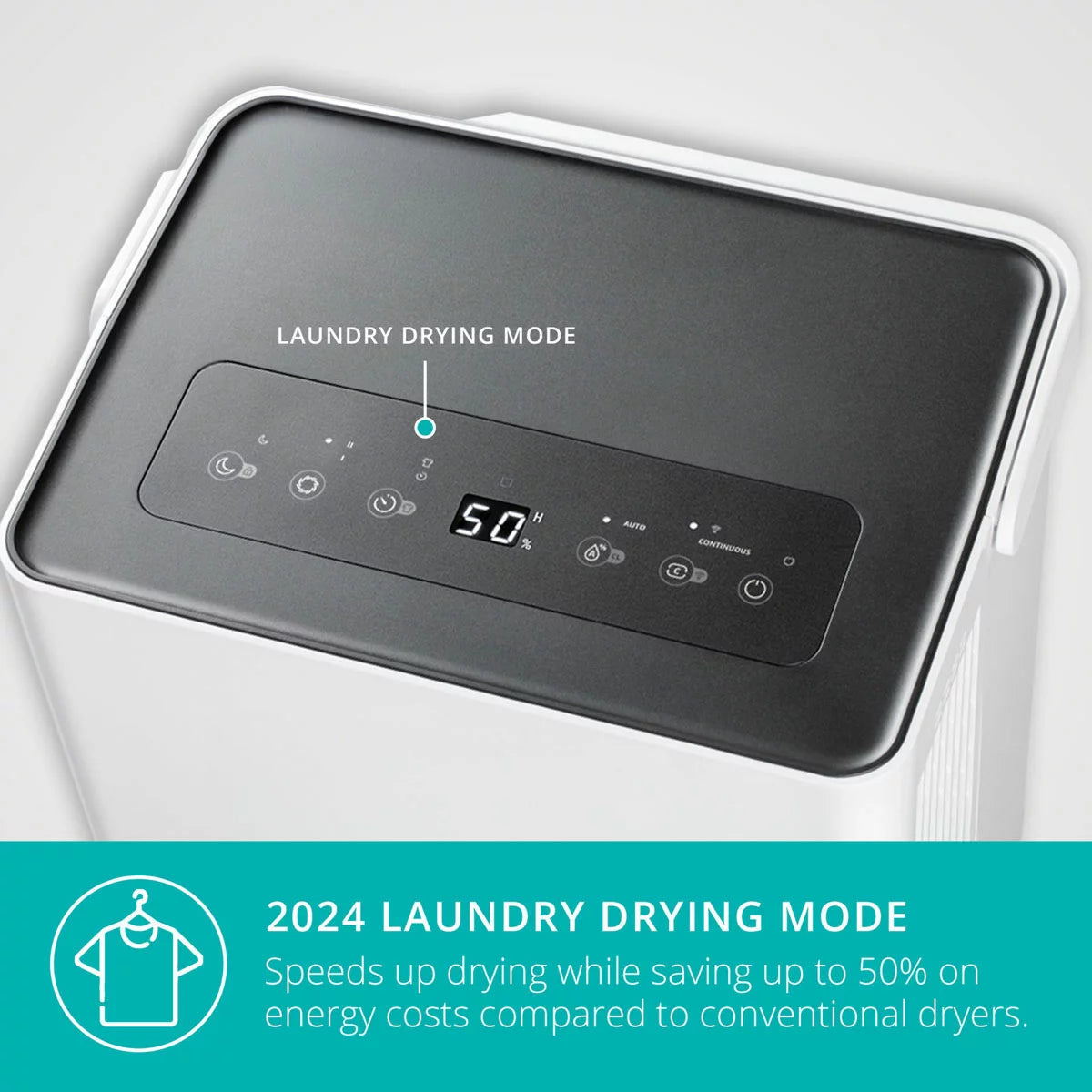 A white upright Duux Bora Smart 30L Dehumidifier showing its sleek integrated caster wheels and ambient casing display within a modern, sunlit laundry room.