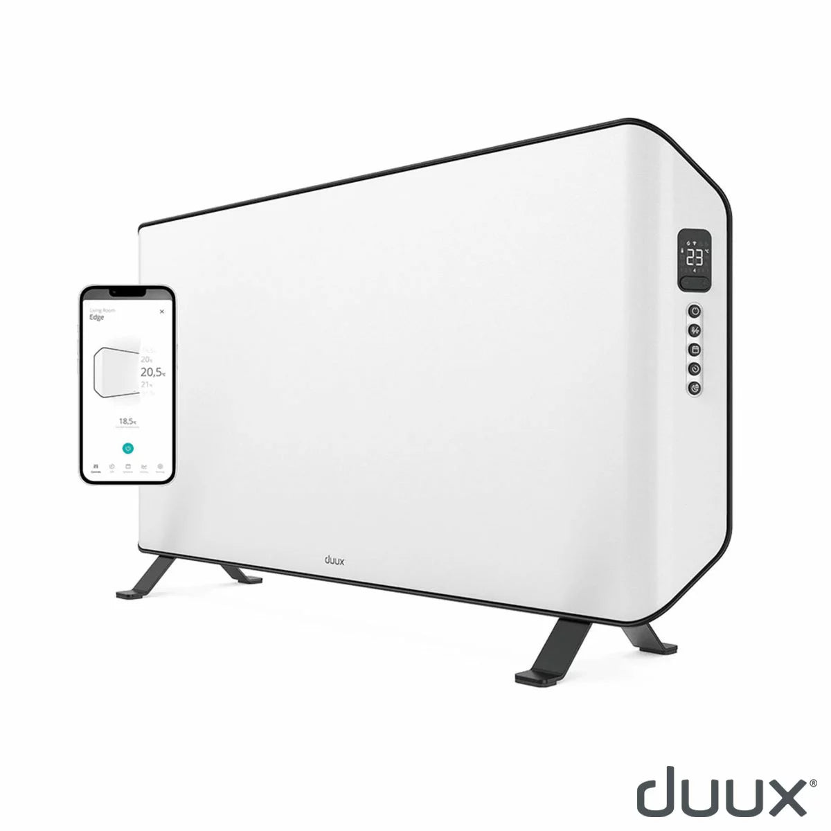 Front view of the ultra-slim matte white Duux Edge 1000W Smart Convector Heater mounted on a modern grey wall in a contemporary living room.