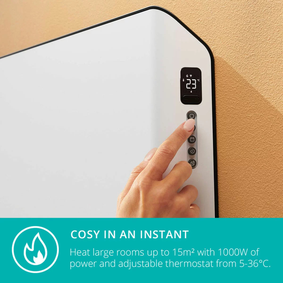 Front view of the ultra-slim matte white Duux Edge 1000W Smart Convector Heater mounted on a modern grey wall in a contemporary living room.