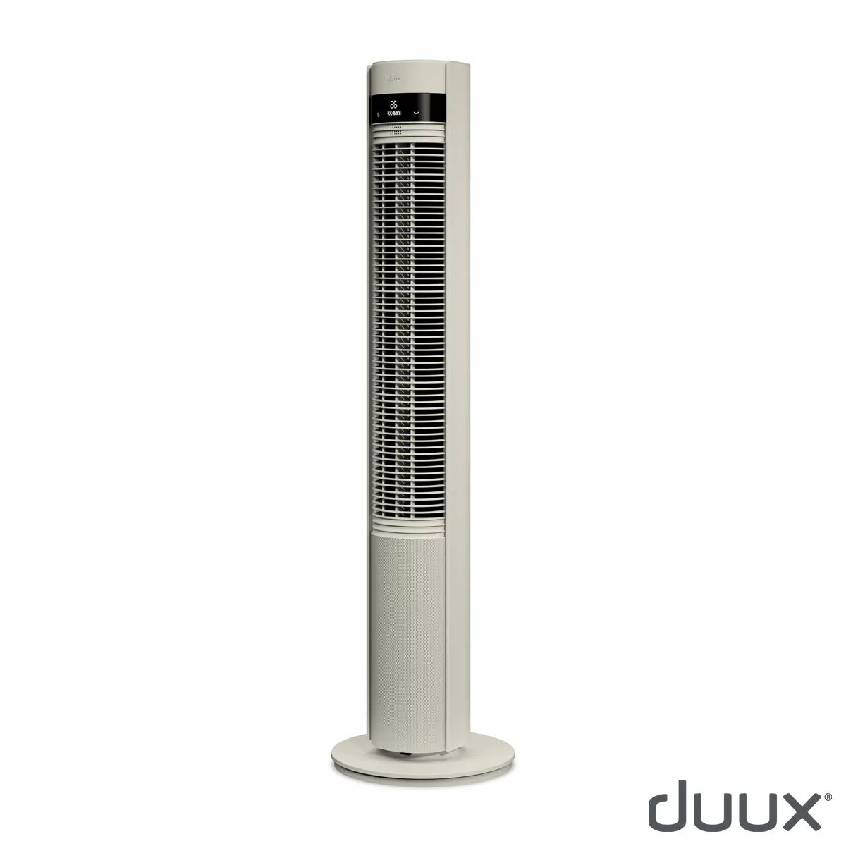 Duux Elevate tower fan with its telescopic height-adjustable feature extended in a modern living room setting.
