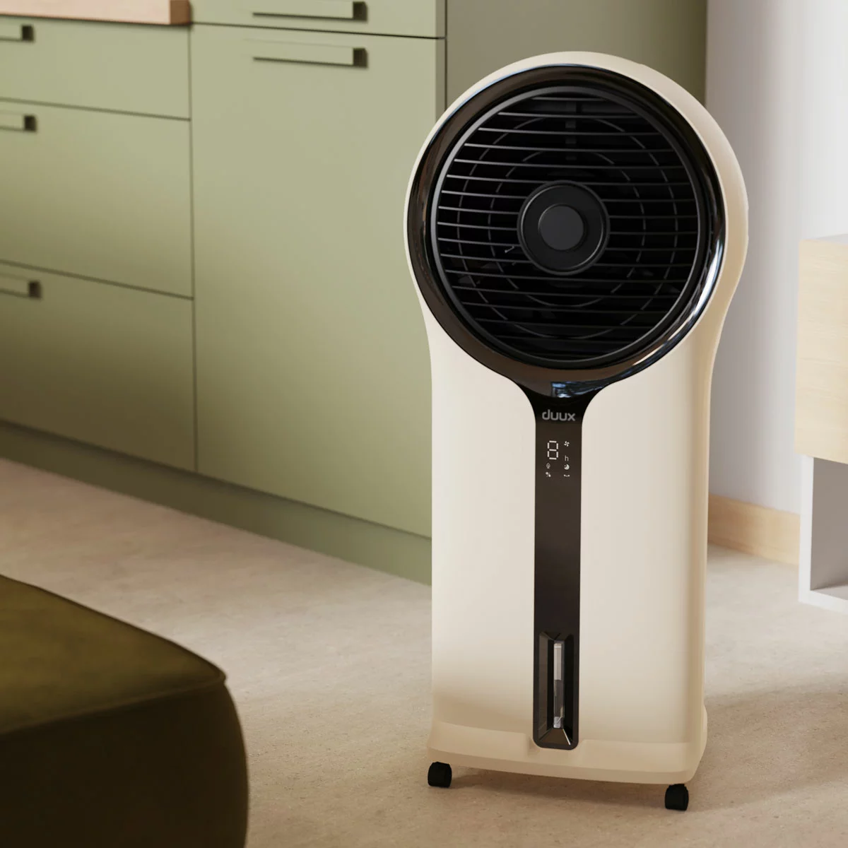 Vertical stone grey Duux Mist DXAC900UK air cooler standing gracefully on a light wood floor in an open-plan sunlit living room.