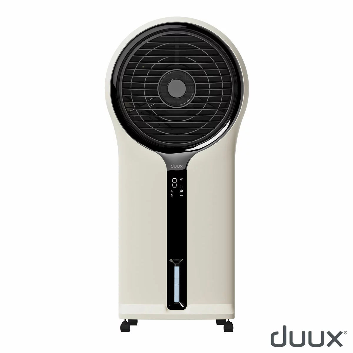 Duux Mist air cooler in a stylish stone finish, positioned in a modern, well-lit living area.