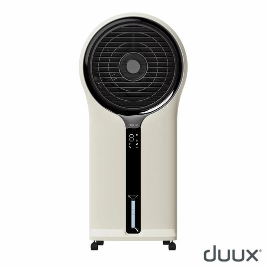Duux Mist air cooler in a stylish stone finish, positioned in a modern, well-lit living area.