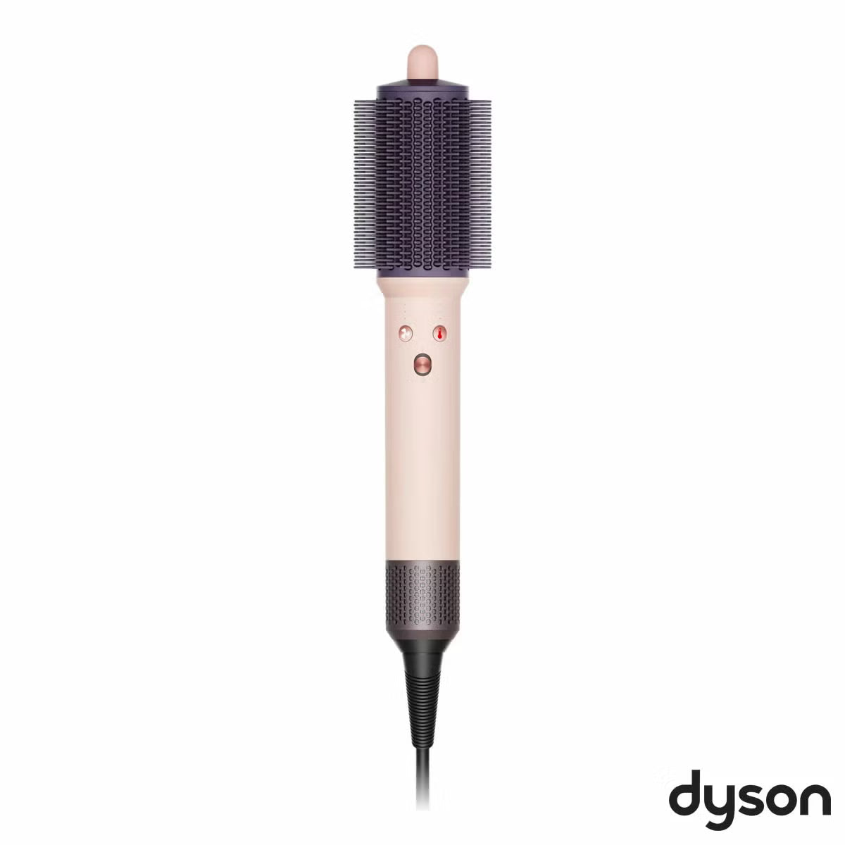 Dyson Airsmooth styling brush in Ceramic Pink with teardrop brush head and soft dual bristles sitting on a vanity table.