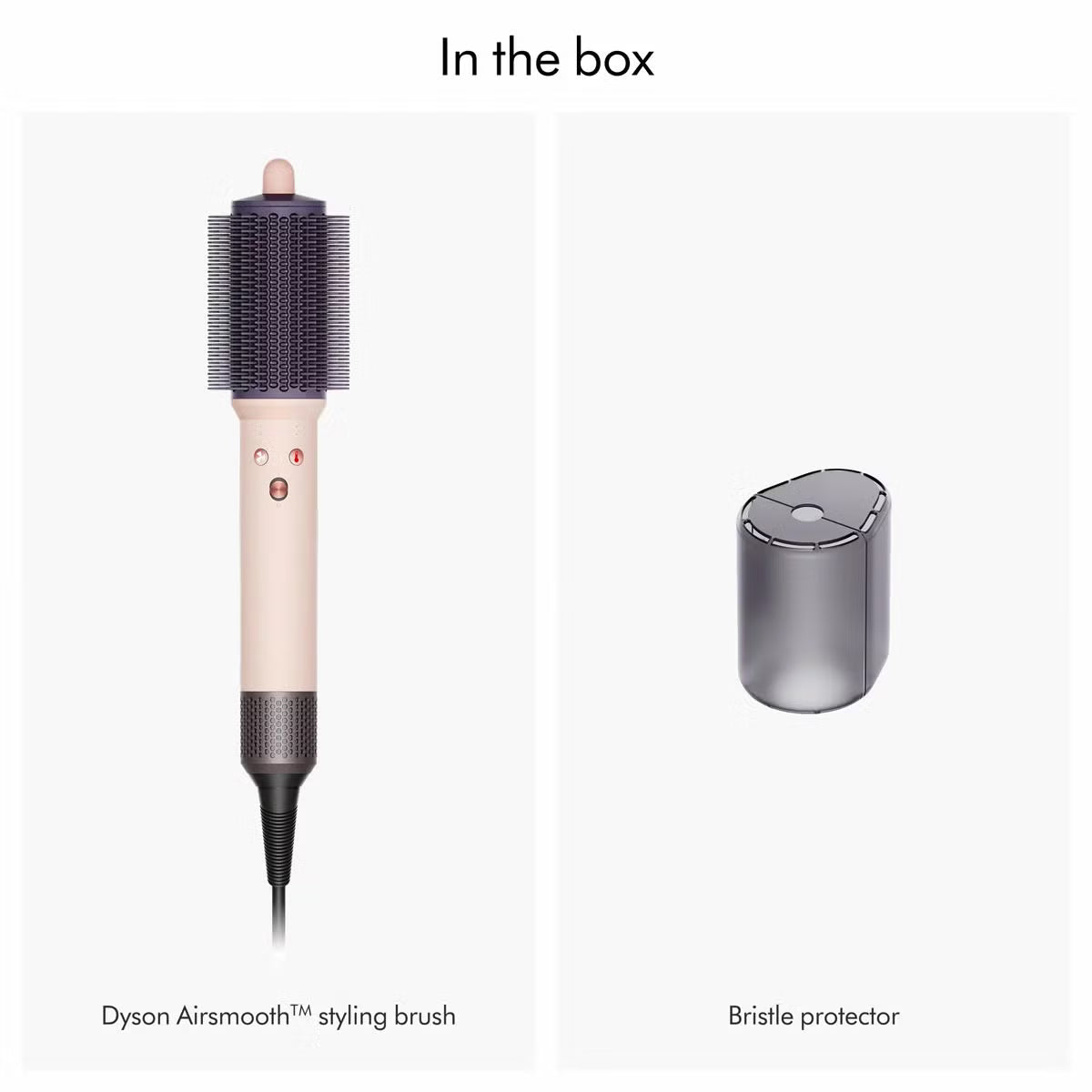 Dyson Airsmooth styling brush in Ceramic Pink with teardrop brush head and soft dual bristles sitting on a vanity table.