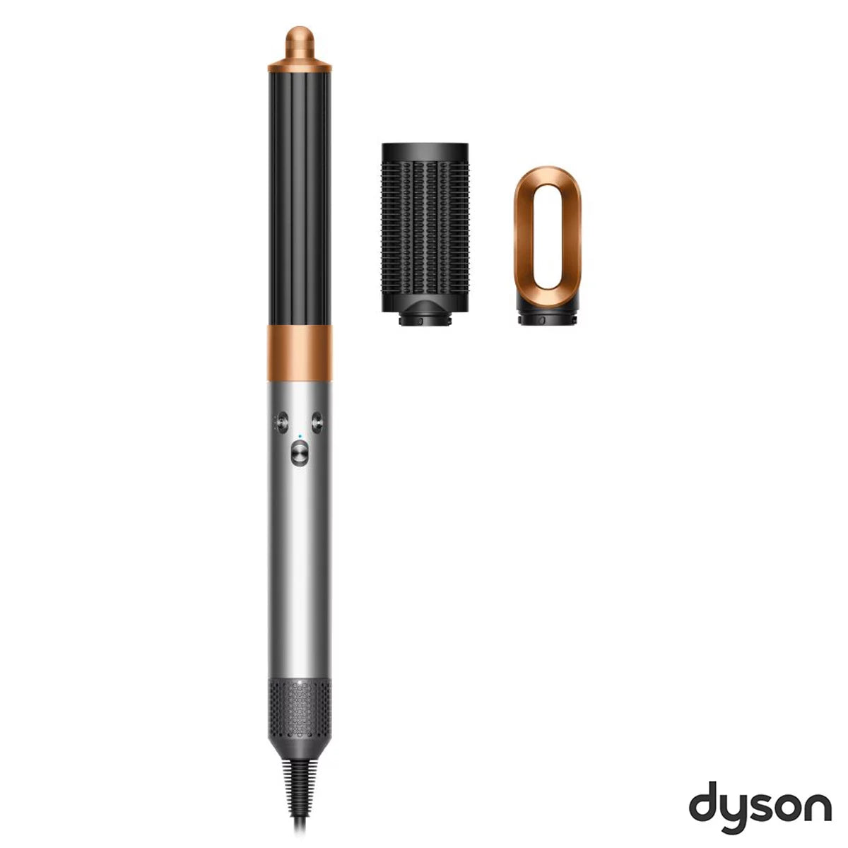 Dyson Airwrap Origin in Nickel/Copper finish, featuring the long curling barrel and loop brush attachments arranged neatly on a modern vanity.