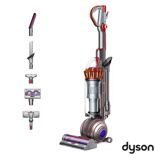 Front angle view of the nickel and purple Dyson Ball Animal UP34 Upright Vacuum standing upright on a carpeted living room floor.