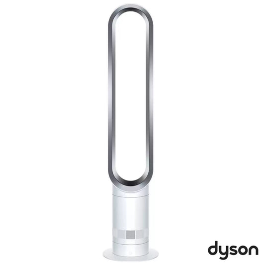 Dyson Cool™ AM07 tower fan in white/silver finish, standing in a modern, well-ventilated living room.