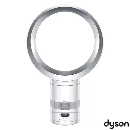 Sleek white and nickel Dyson Cool CF1 desk fan AM12 showing its open bladeless amplifier loop atop a minimalist wooden desk.