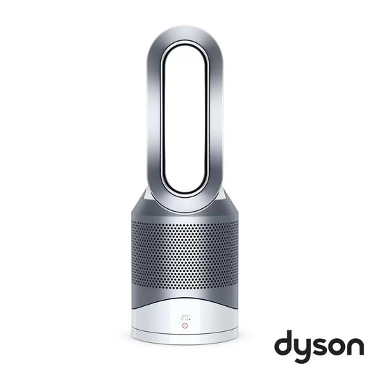 Front view of the silver and white Dyson Pure Hot + Cool HP00 purifier fan heater sitting on a light wooden floor in a contemporary living room.