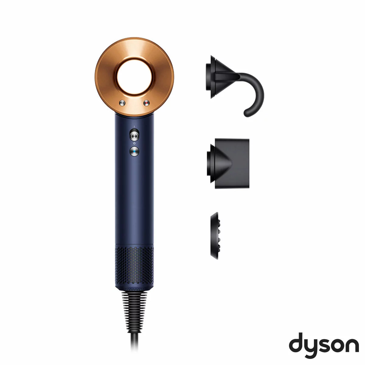Dyson Supersonic Hair Dryer in Prussian Blue and Rich Copper finish, shown with the styling concentrator, flyaway, and gentle air attachments on a neutral background.