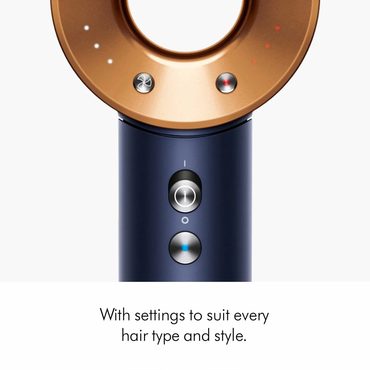 Dyson Supersonic Hair Dryer in Prussian Blue and Rich Copper finish, shown with the styling concentrator, flyaway, and gentle air attachments on a neutral background.