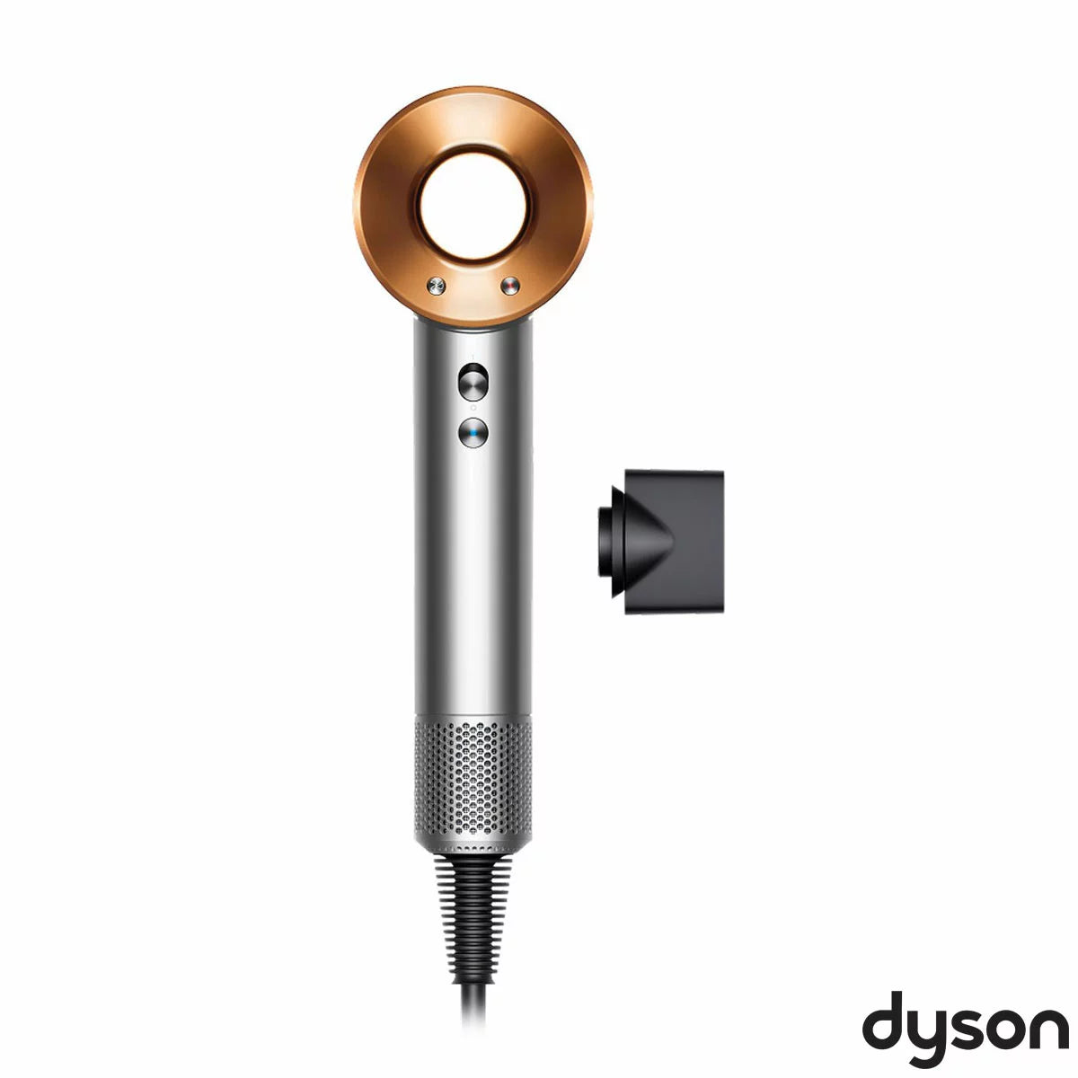 Dyson Supersonic Origin hair dryer in a sleek nickel and copper finish showing its iconic hollow head design and magnetic styling concentrator.