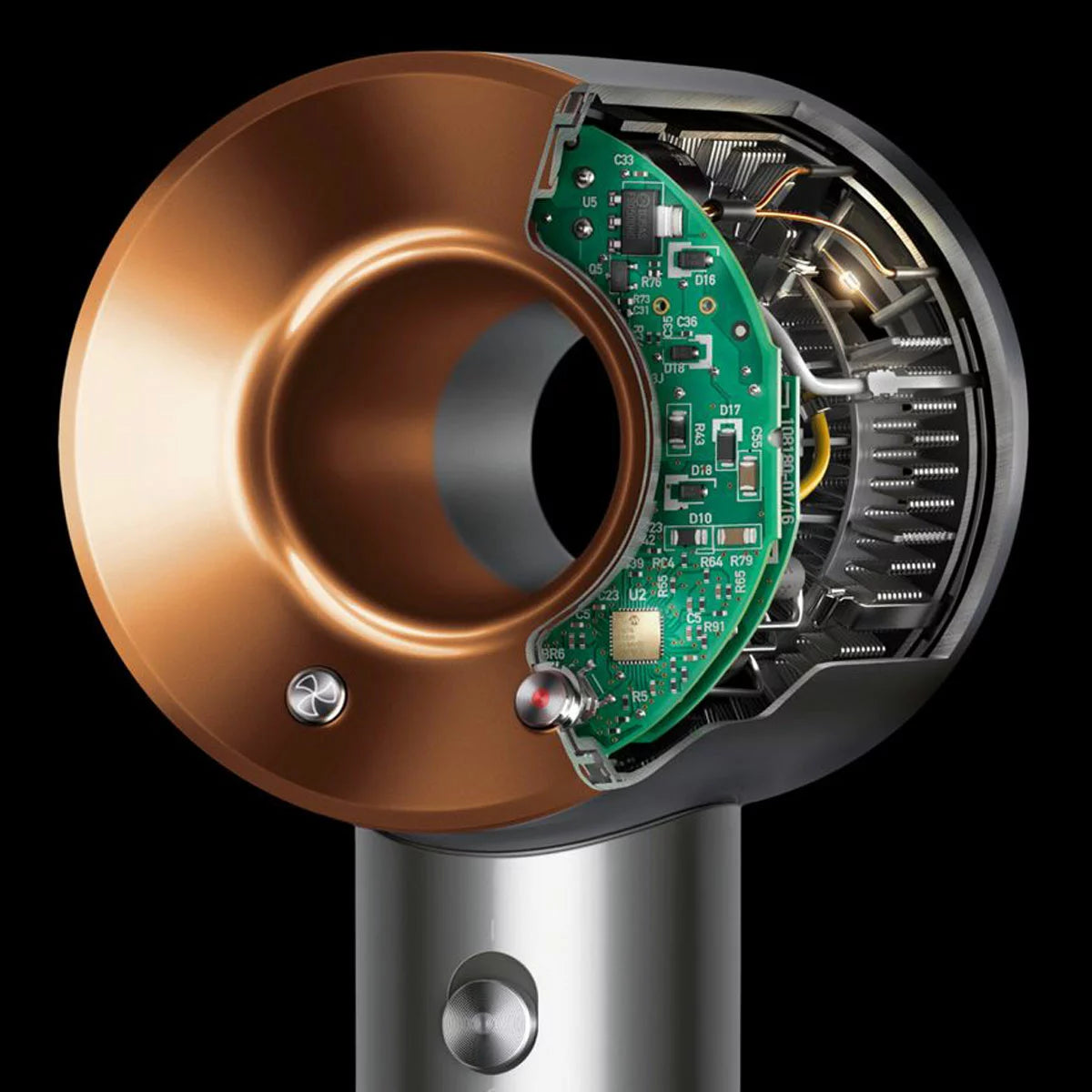 Dyson Supersonic Origin hair dryer in a sleek nickel and copper finish showing its iconic hollow head design and magnetic styling concentrator.