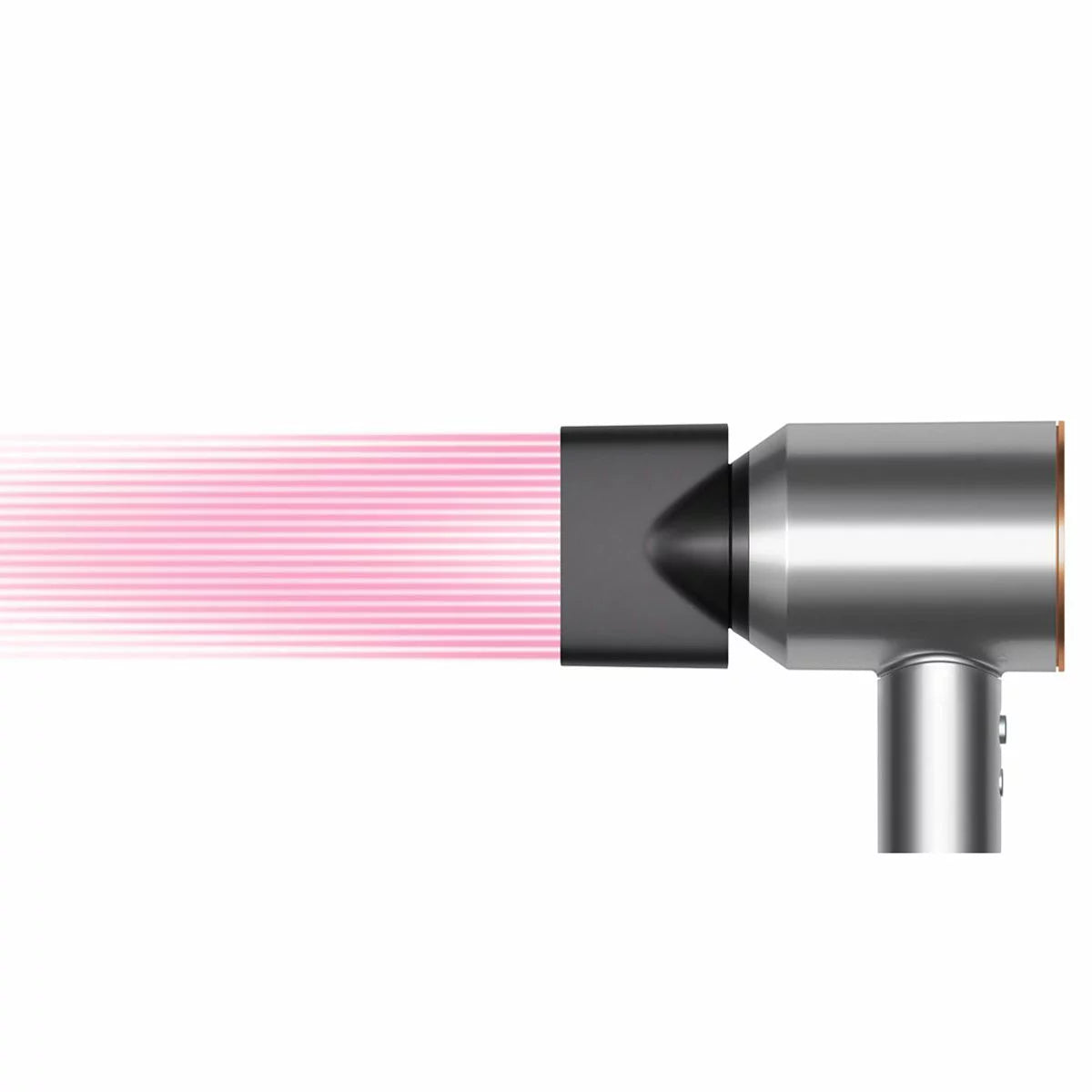 Dyson Supersonic Origin hair dryer in a sleek nickel and copper finish showing its iconic hollow head design and magnetic styling concentrator.