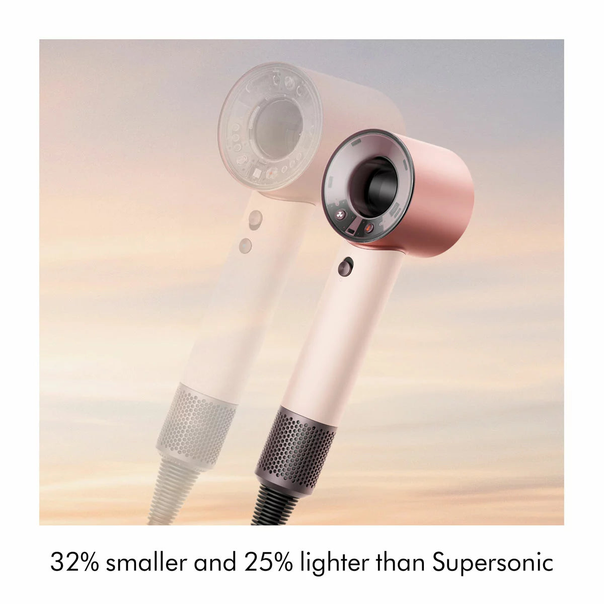 Dyson Supersonic travel hair dryer in limited edition ceramic pink finish alongside its matching precision styling magnetic attachments.